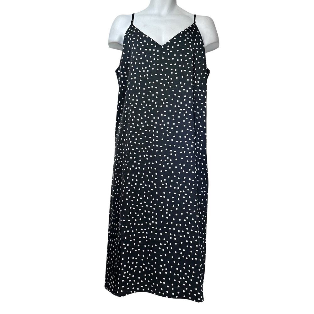 The Drop Ana Silky V-Neck Midi Slip Dress Black White Polka Dot Size XXL